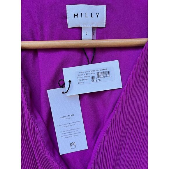 NWT Milly Ryan Pleated Chiffon Long Sleeve Mini Dress in Fuchsia, Size 6 - Picture 13 of 16